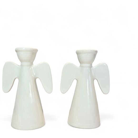 White Ceramic Angel Candle Holders Minimalistic Wedding Holiday Decor set of two - Picture 5 of 10